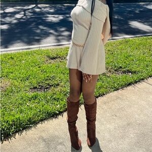 Pretty beige off the shoulder sweater dress.